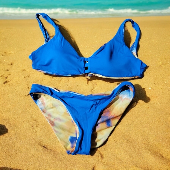Becca Buckle Reversible Bikini Top L Bottom L Blue Yellow Orange Tie Die - Picture 3 of 4